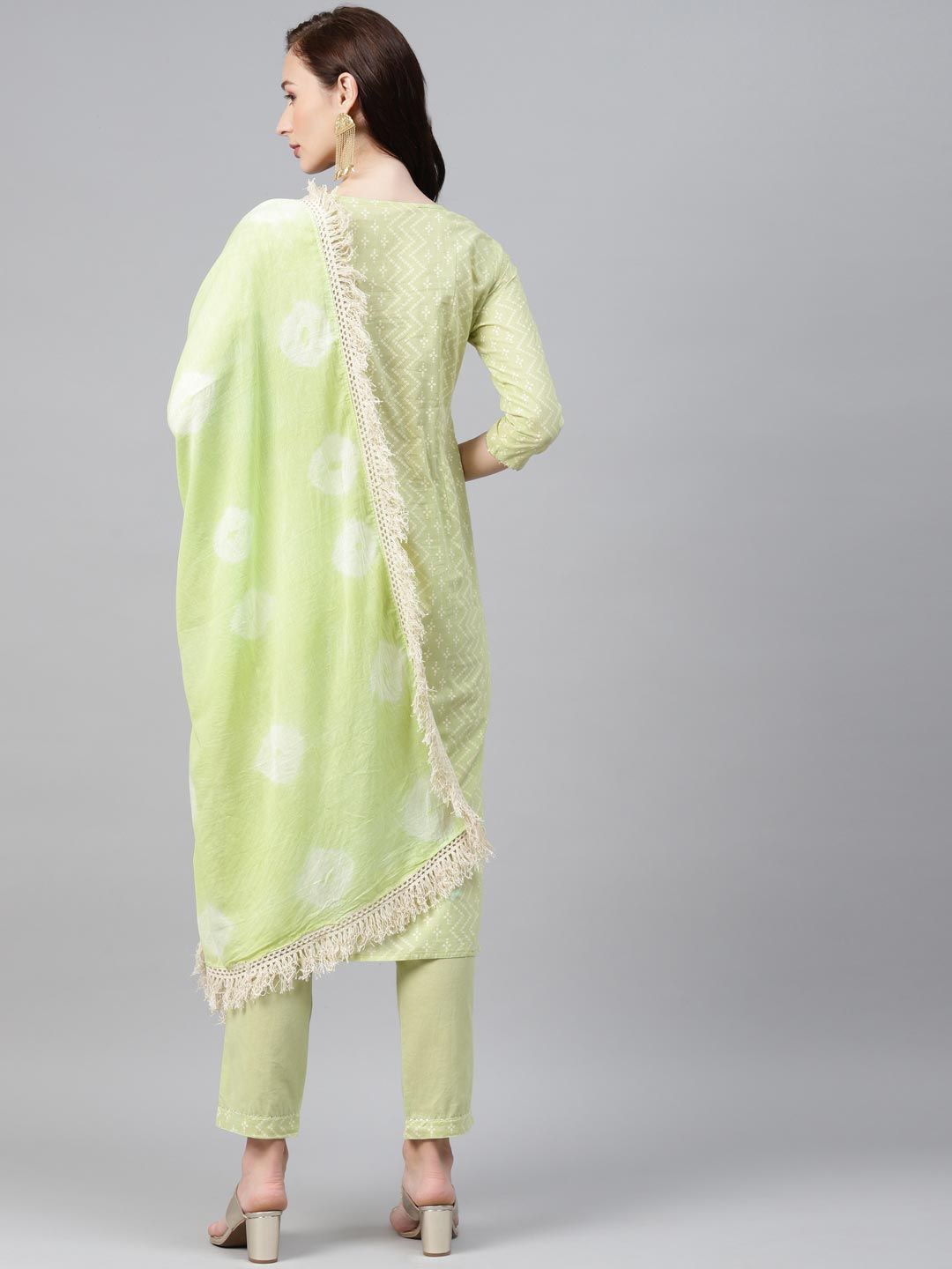 Anubhutee Women Green Pure Cotton Bandhani Print Mirror Work Kurta with Trousers & Dupatta