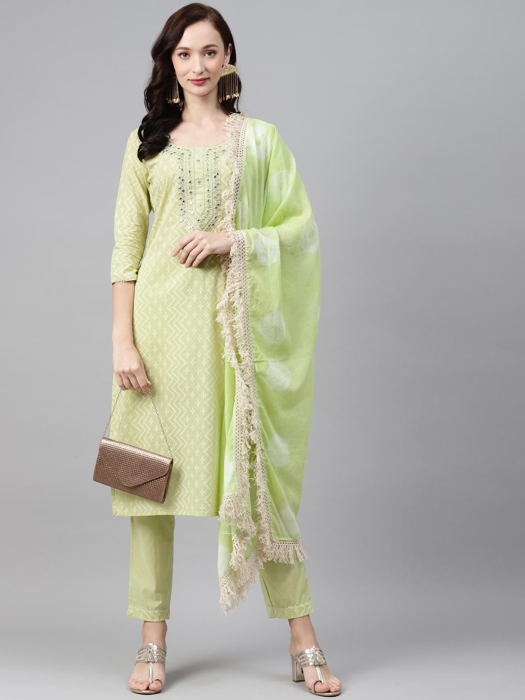Anubhutee Women Green Pure Cotton Bandhani Print Mirror Work Kurta with Trousers & Dupatta