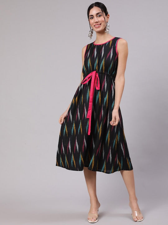 AKS Ikat Printed A-Line Cotton Midi Dress