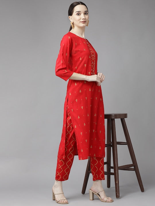Yufta Women Red Ethnic Motifs Printed Kurta with Trousers