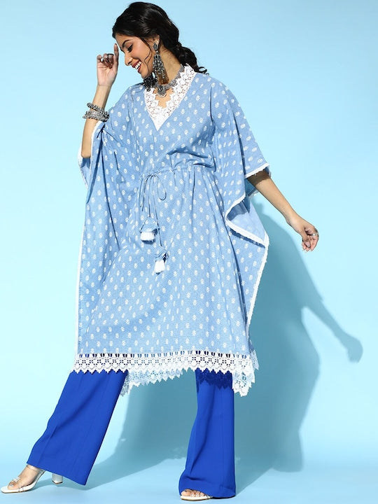 Yufta Women Blue & White Printed Cotton Kaftan Kurta
