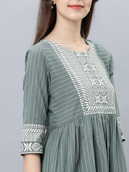 Vishudh Green Striped Fit and Flare Dress