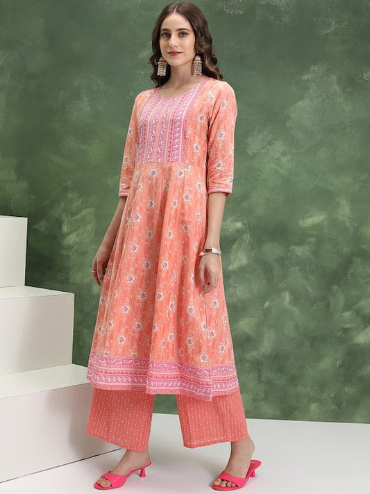 Vishudh Floral Printed Regular Pure Cotton Kurta with Palazzos