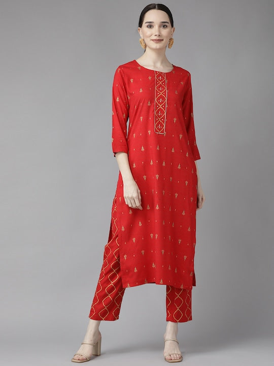 Yufta Women Red Ethnic Motifs Printed Kurta with Trousers