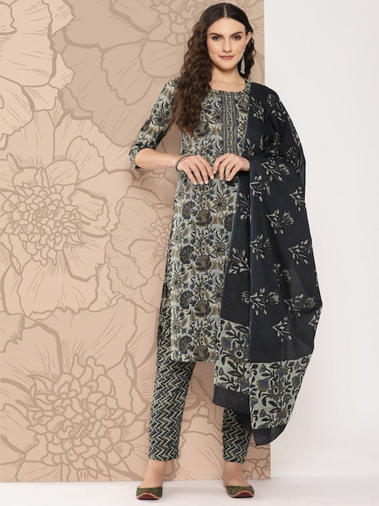 Yufta Women Floral Printed Regular Sequinned Pure Cotton Kurta with Trousers & Dupatta
