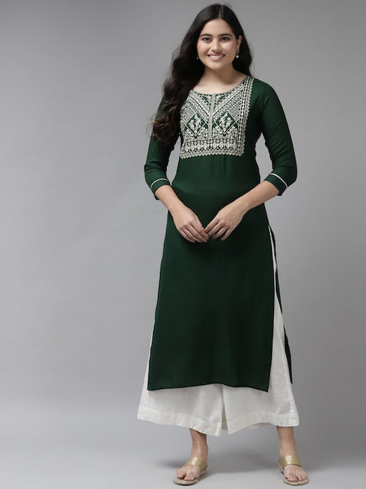 Yufta Women Green Embroidered Kurta - XXL