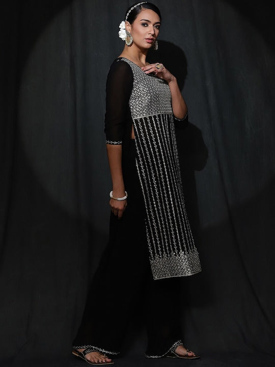 AKS Couture Ethnic Motifs Embroidered Sequinned High Slit Straight Kurta With Palazzos