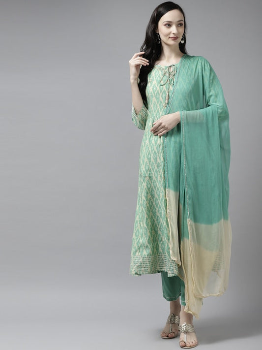 Yufta Women Sea Green Printed Thread Work Kurta With Trousers & With Dupatta - XL