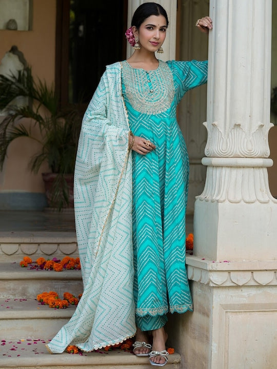 Yufta Chevron Printed Sequinned Anarkali Kurta with Trousers & With Dupatta