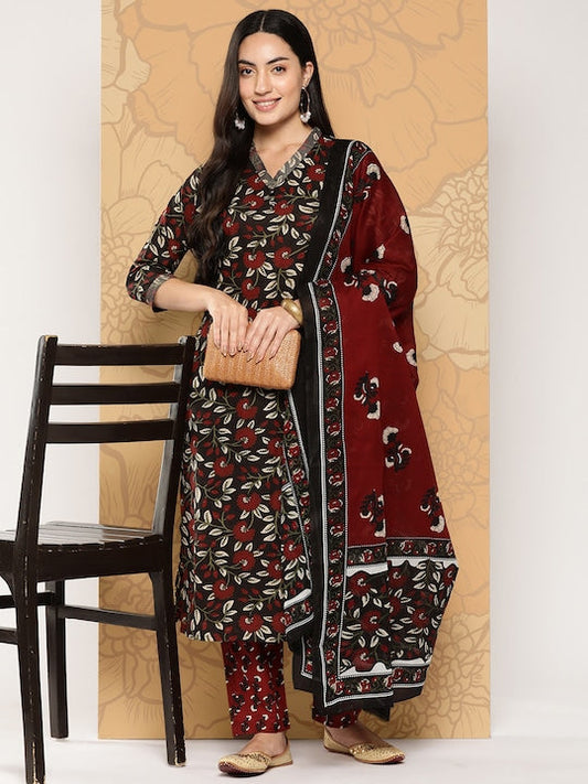 Yufta Women Floral Printed Regular Pure Cotton Kurta with Palazzos & With Dupatta