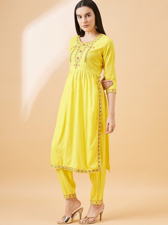 All about you Floral Embroidered Round Neck High Slit Kurta With Trouser