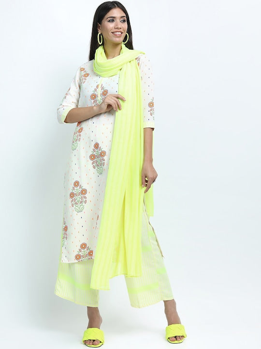 Vishudh Women Off White & Green Floral Printed Kurta with Palazzos & Dupatta