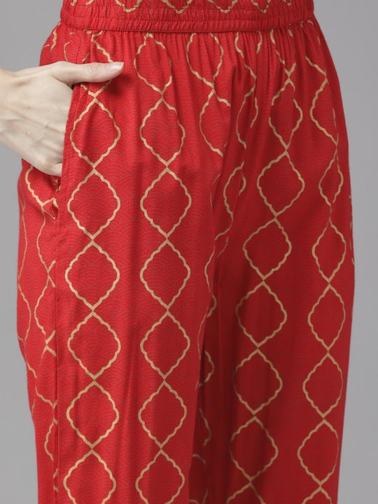 Yufta Women Red Ethnic Motifs Printed Kurta with Trousers
