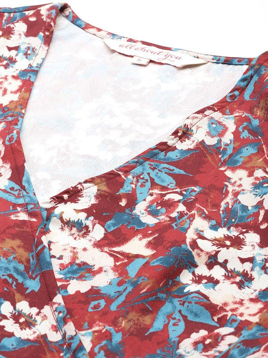 All about you Floral Printed Puff Sleeves Wrap Dress