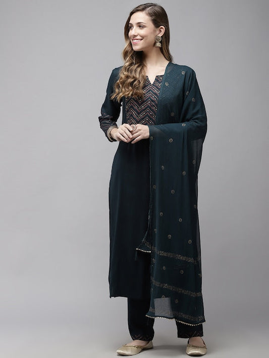 Yufta Women Green Regular Gotta Patti Kurta with Trousers & With Dupatta
