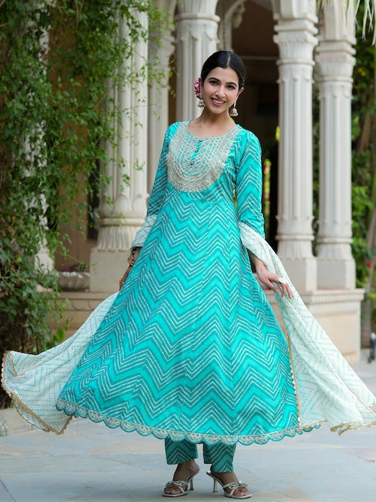 Yufta Chevron Printed Sequinned Anarkali Kurta with Trousers & With Dupatta