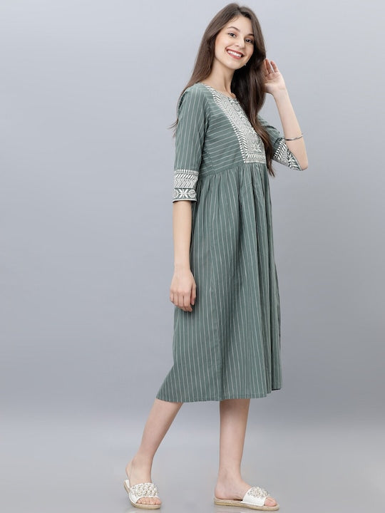 Vishudh Green Striped Fit and Flare Dress