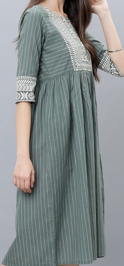 Vishudh Green Striped Fit and Flare Dress