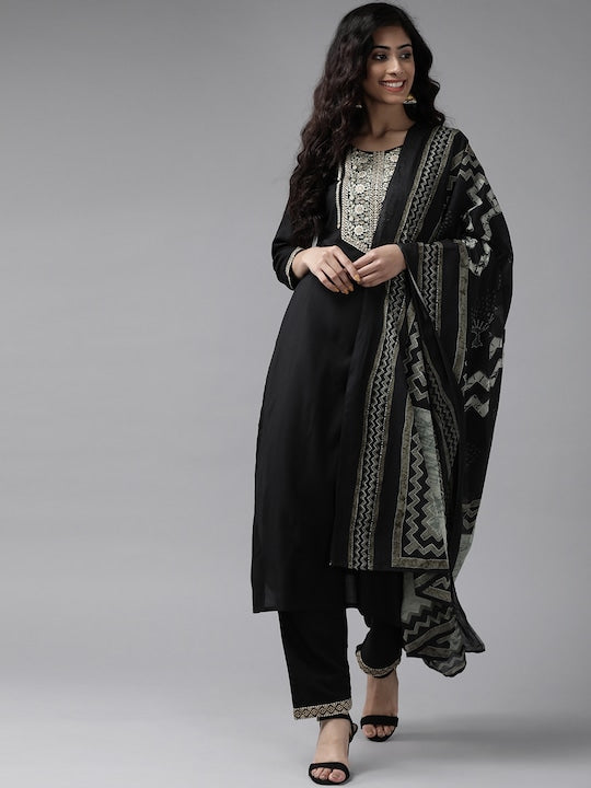 Yufta Women Black & Beige Yoke Design Kurta with Trousers & Dupatta