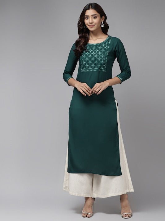 Yufta Women Green Embroidered Kurta