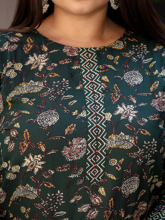 Yufta Plus Size Floral Printed Pure Cotton Straight Kurta & Trousers With Dupatta