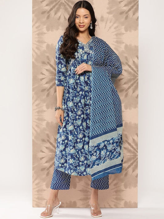 Yufta Women Floral Printed Regular Pure Cotton Kurta with Trousers & With Dupatta