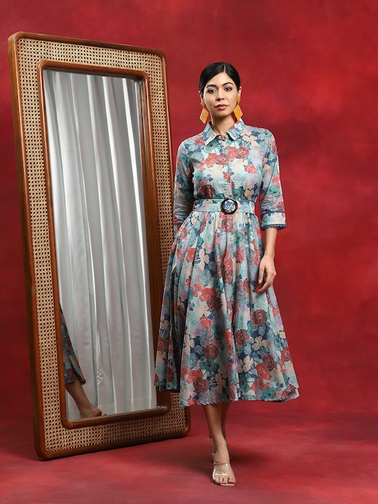 AKS Shirt Collar Floral Printed Belted Cotton Fit & Flare Midi Dress