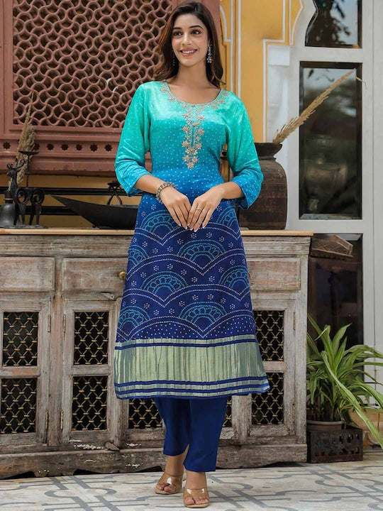 Vishudh Bandhani Printed Regular Thread Work Kurta with Trousers & Dupatta