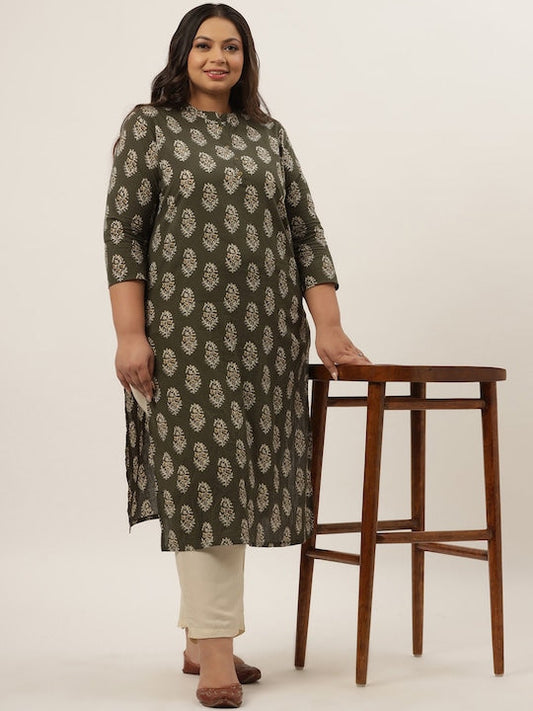 Yufta Women Olive Green Ethnic Motifs Layered Pure Cotton Kurti with Trousers