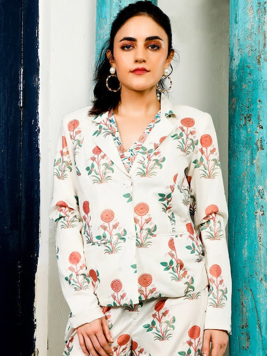 AKS Couture Floral Printed Pure Cotton Blazer With Trousers & Waistcoat