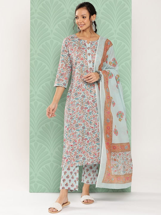 Yufta Floral Embroidered Regular Kantha Work Pure Cotton Kurta With Trousers & Dupatta - M