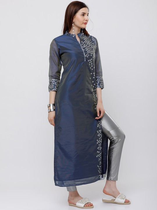 Vishudh Women Blue & Silver-Toned Printed Straight Kurta