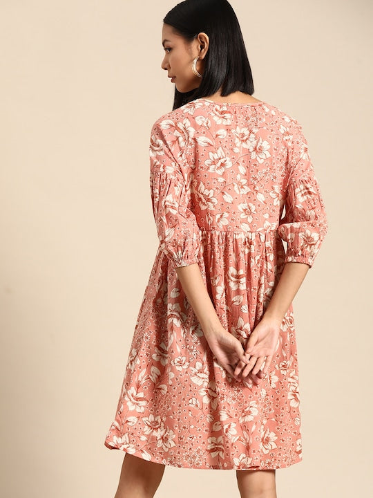 All about you Pure Cotton Floral Print Tie-Up Neck Puff Sleeve A-Line Dress