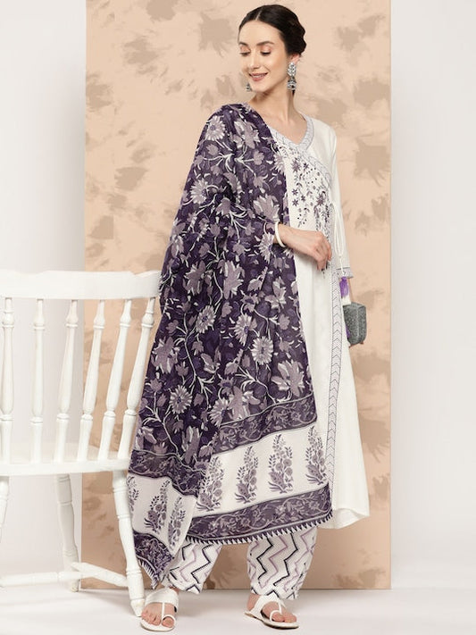 Yufta Women Purple Embroidered Angrakha Thread Work Kurta with Salwar & With Dupatta