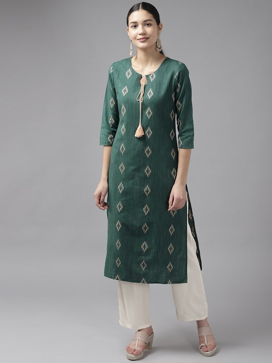 Yufta Women Woven Design Straight Kurta Green
