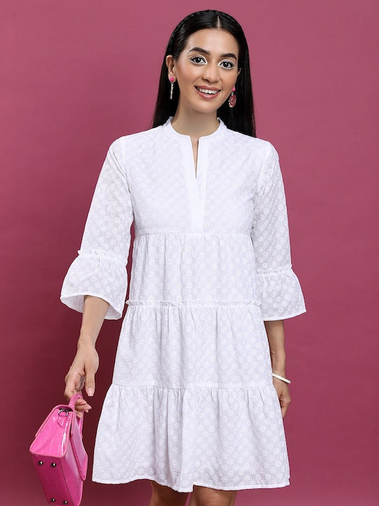 Vishudh Floral Embroidered Mandarin Collar Bell Sleeve A-Line Above Knee Dress