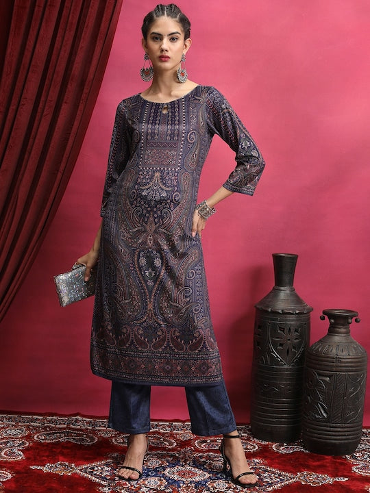 Vishudh Purple Ethnic Motifs Printed Keyhole Neck Kurta