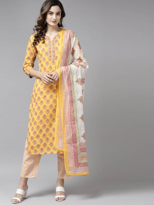 Yufta Women Floral Printed Gotta Patti Pure Cotton Kurta with Trousers & Dupatta - XXL