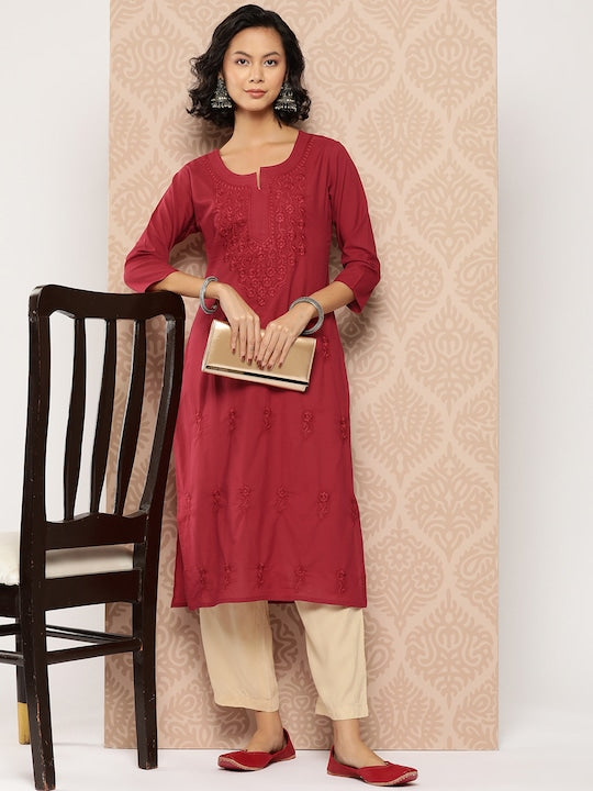 Yufta Floral Embroidered Chikankari Cotton Kurta Maroon