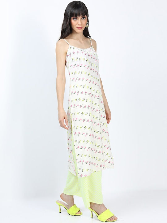 Vishudh Women Off White Floral Printed Kurti with Palazzos With Dupatta