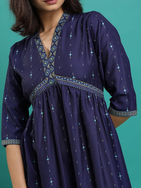 Vishudh Blue Ethnic Motif Printed Empire Midi Dress