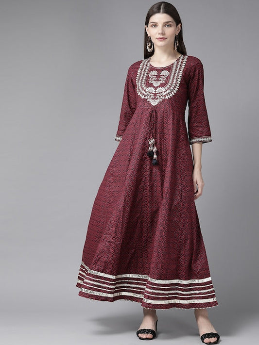 Yufta Women Maroon Geometric Printed Bell Sleeves Mirror Work Cotton Kurta - XXL