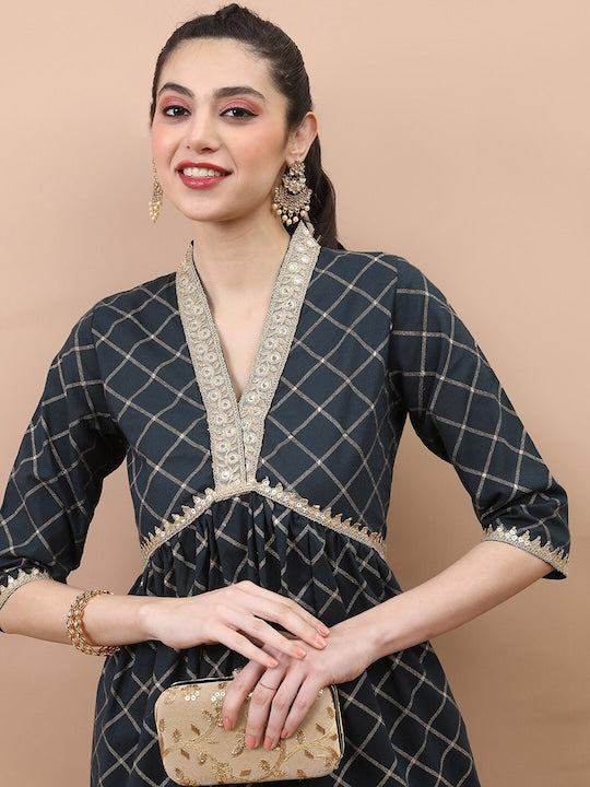 Vishudh Checked Gathers & Pleated A-Line Midi Ethnic Dress