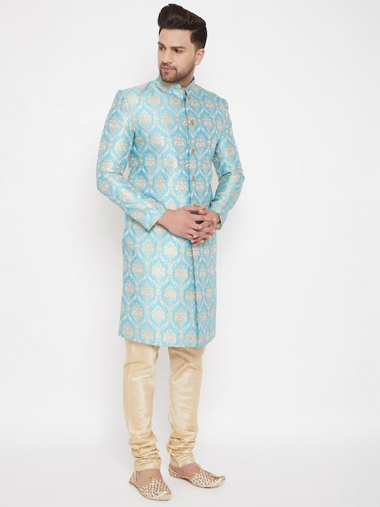 Vastramay Men Sea Green & Gold-Coloured Slim Fit Brocade Woven Design Sherwani Set
