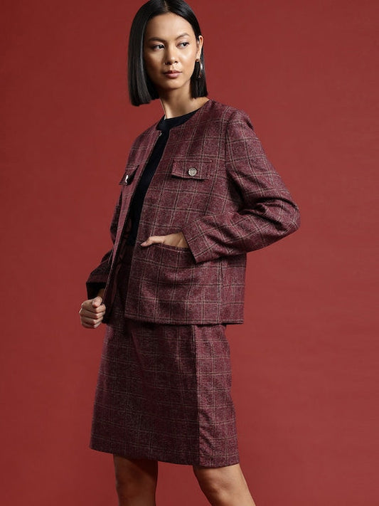 All about you Checked Front-Open Formal Blazer & Skirt Set