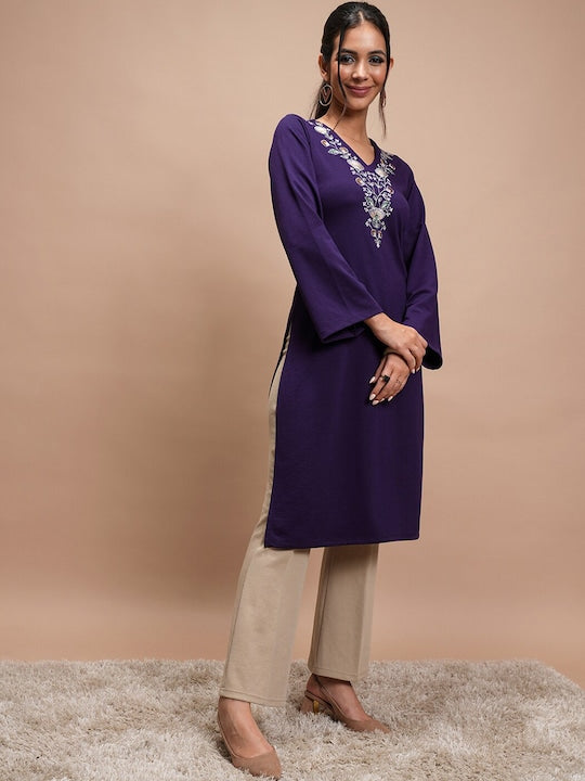 Vishudh Violet Floral Embroidered V-Neck Long Sleeves Thread Work Kurta