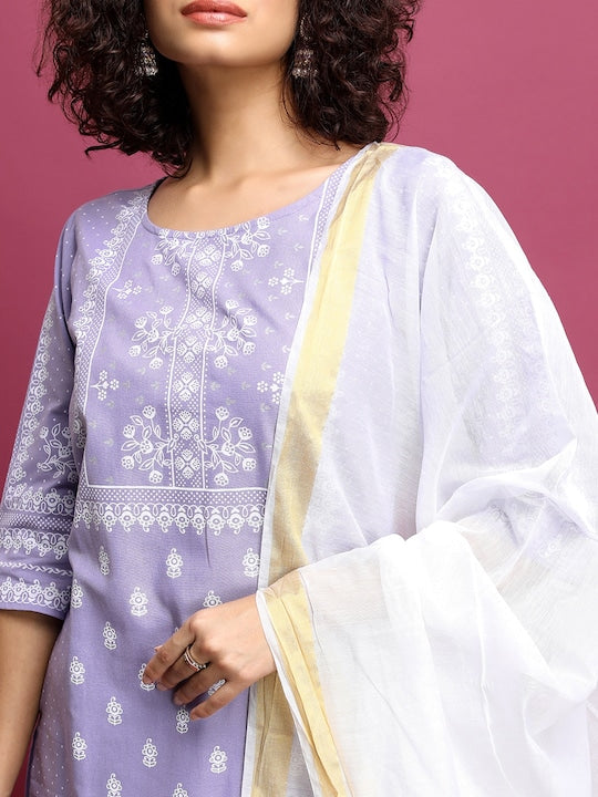 Vishudh Mauve Ethnic Motifs Printed Round Neck Pure Cotton Kurta With Skirt & Dupatta