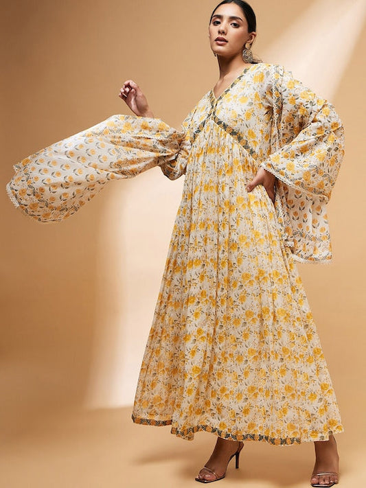 All about you Floral Printed V-Neck Kurta with Trousers & With Dupatta