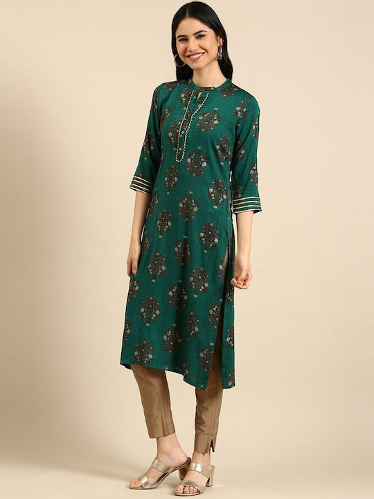 All about you Green Floral Printed Keyhole Neck Gotta Patti Cotton Straight Kurta