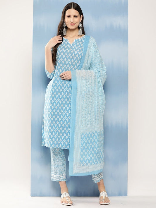 Yufta Women Blue Ethnic Motifs Printed Regular Thread Work Pure Cotton Kurta with Trousers & With Dupatta